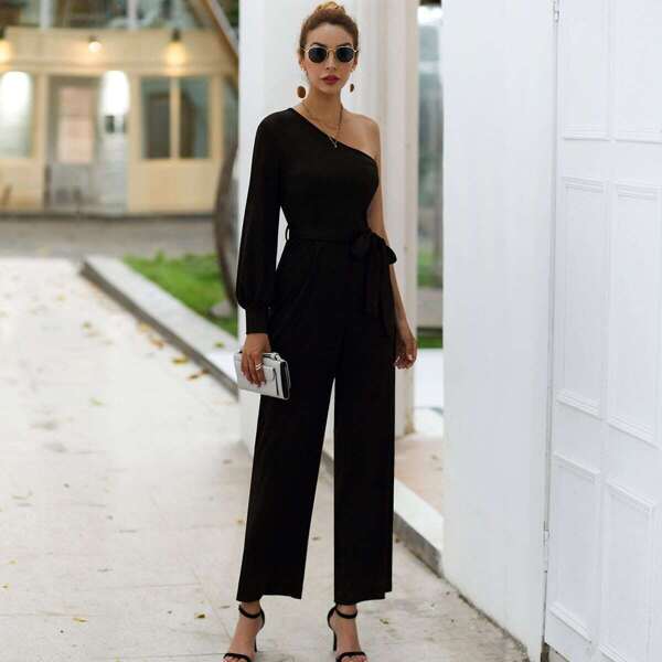 

One Shoulder Belted Straight Leg Jumpsuit, Black