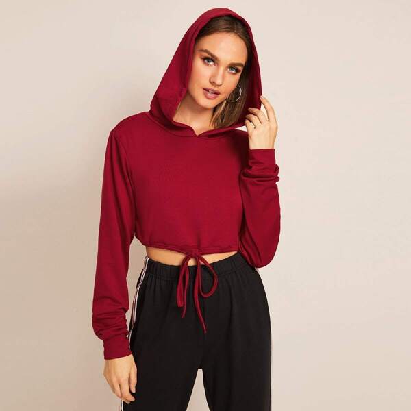 

Drawstring Hem Crop Hooded Sweatshirt, Burgundy