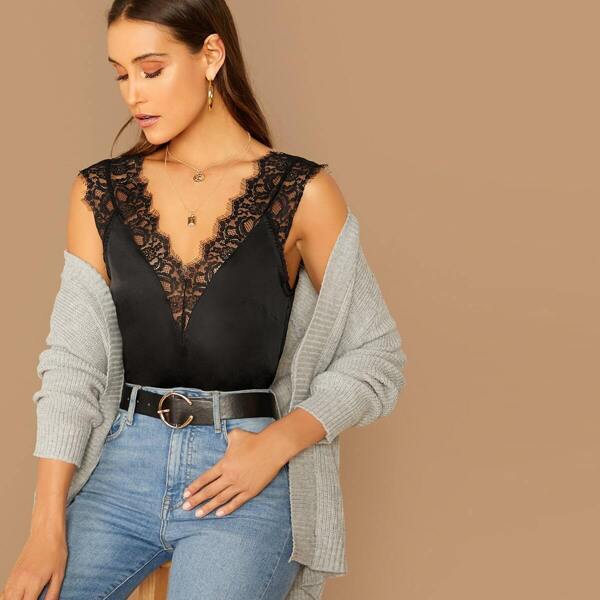 

Eyelash Lace Satin Tank Top