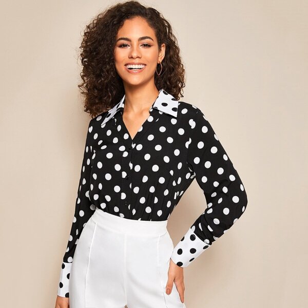 

Contrast Collar Polka Dot Blouse, Black and white