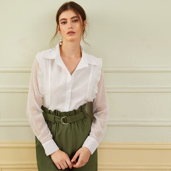 

Pleated Ruffle Swiss Dot Blouse, White