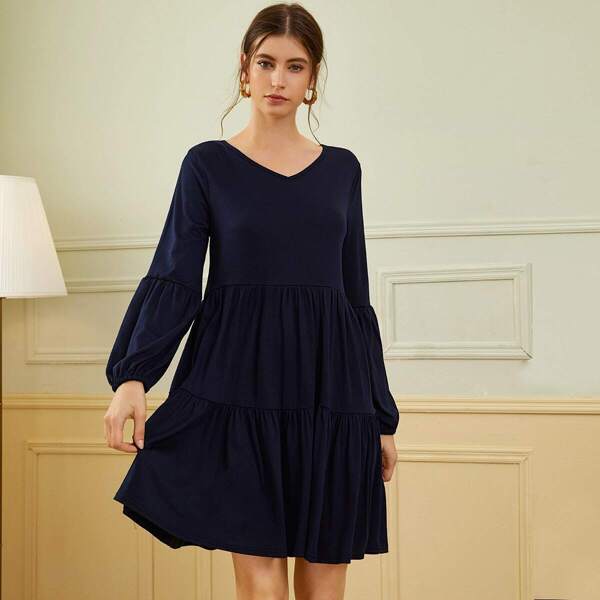 

V Neck Flare Hem Smock Dress