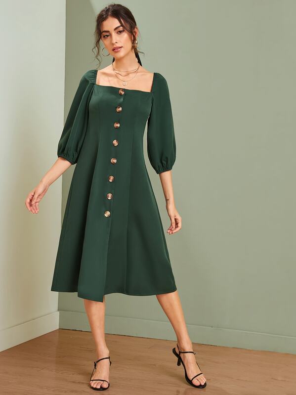 

Square Neck Button Front Bishop Sleeve Dress, Green, Carol A