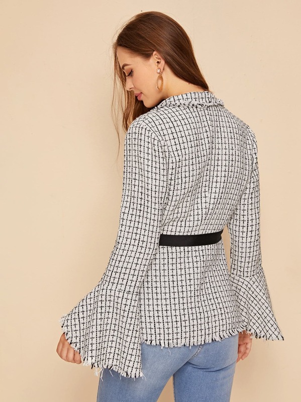 

Flounce Sleeve Wrap Knot Plaid Tweed Blazer, White, Sonya