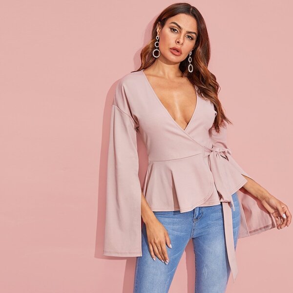 

Split Sleeve Wrap Belted Top, Pink