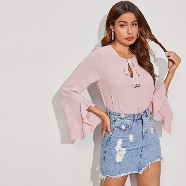 

Flounce Sleeve Tie Front Top, Pink pastel