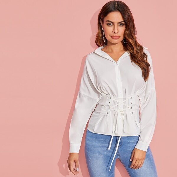 

Drop Shoulder Lace Up Corset Waist Blouse