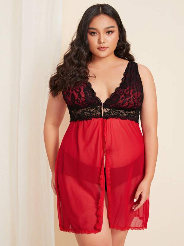 

Plus Contrast Lace Mesh Dress With Panty, Multicolor, Ma Tian