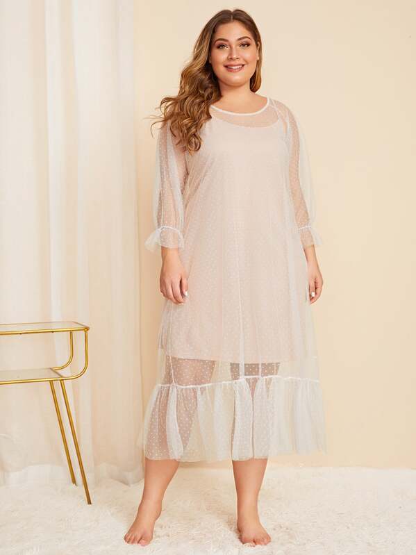 

Plus Dobby Mesh Ruffle Trim Night Dress, Pink, Carol