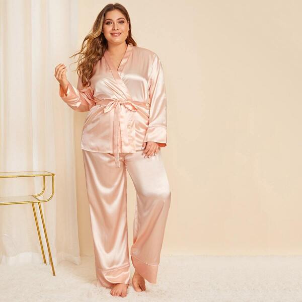 

Plus Satin Pajama Set With Belt, Baby pink