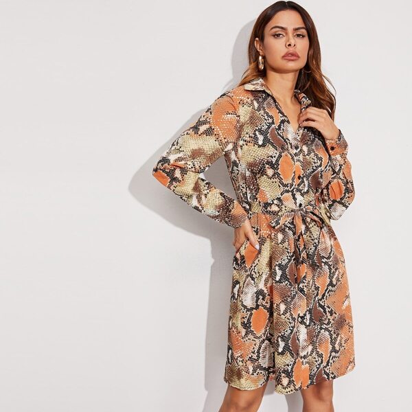 

Snakeskin Print Belted Shirt Dress, Multicolor