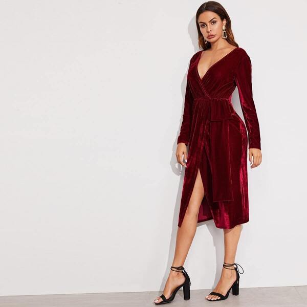 

Plunging Neck Wrap Velvet Blouson Dress