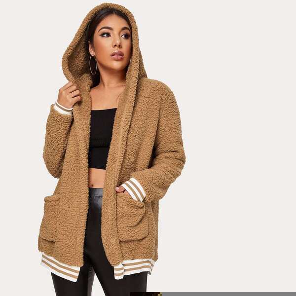 

Striped Tape Trim Patch Pocket Teddy Hoodie Coat, Camel