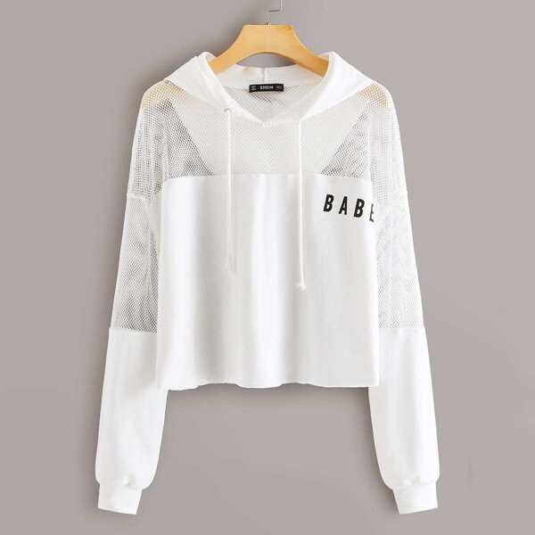 

Mesh Yoke Drop Shoulder Letter Graphic Hoodie, White