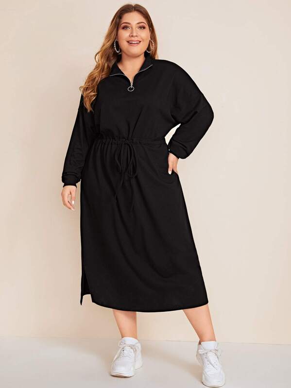 

Plus Zip Half Placket Drawstring Waist Split Sweatshirt Dress, Black, Carol