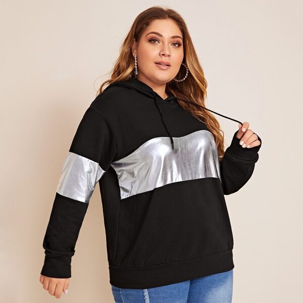 

Plus Metallic Panel Drawstring Ear Hoodie, Multicolor