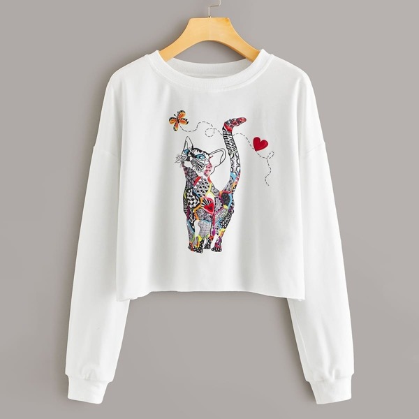 

Cartoon Cat Graphic Drop Shoulder Pullover