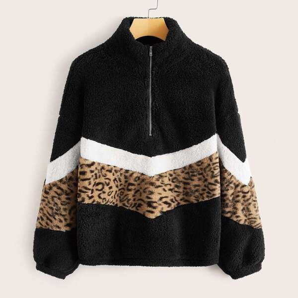 

Zip Half Placket Chevron Leopard Panel Teddy Pullover, Multicolor