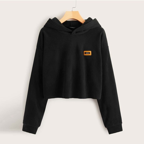 

Patched Detail Drop Shoulder Teddy Hoodie, Black