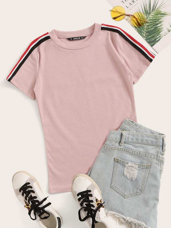 

Striped Tape Side Sleeve Top, Pink