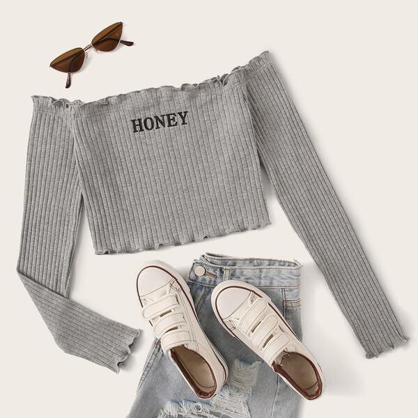 

Off Shoulder Frill Trim Honey Graphic Top, Grey