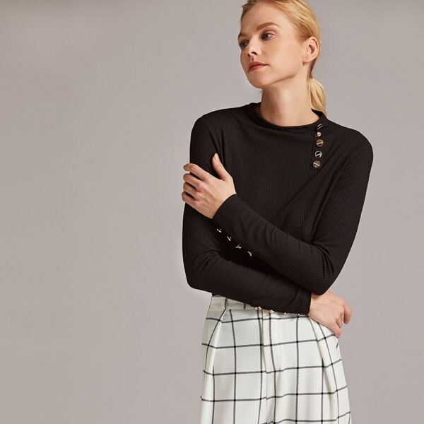

Premium Gold Button Detail Ribbed T-shirt, Black