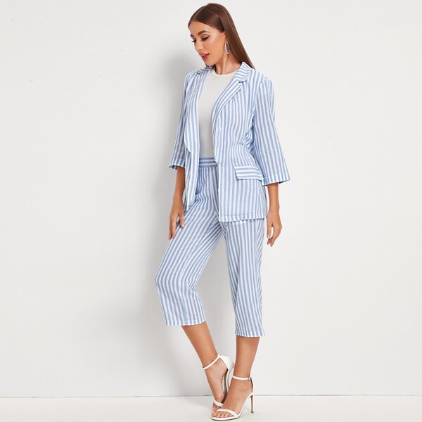 

Notch Collar Striped Blazer & Capris Pants Set, Blue pastel