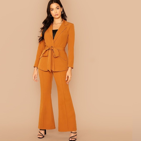 

Notched Collar Belted Blazer & Flare Leg Pants Set, Orange bright