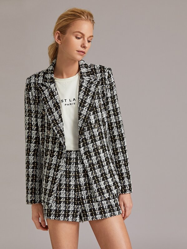 

Premium Double Breasted Tweed Blazer & Shorts Set, Black and white, Denisa