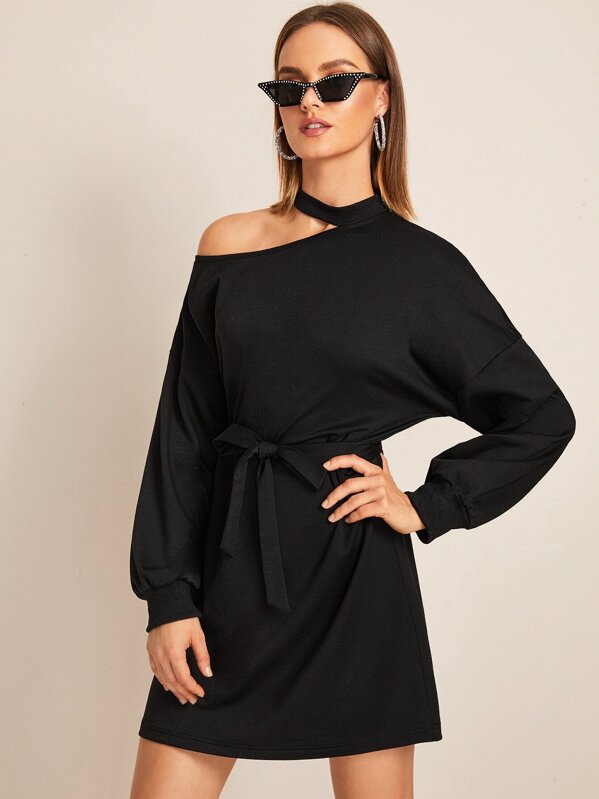 

Asymmetrical Neck Drop Shoulder Belted Sweatshirt Dress, Black, Rasa