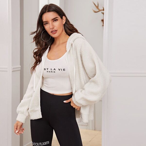 

Shearling Zipper Drawstring Hooded Teddy Jacket, White