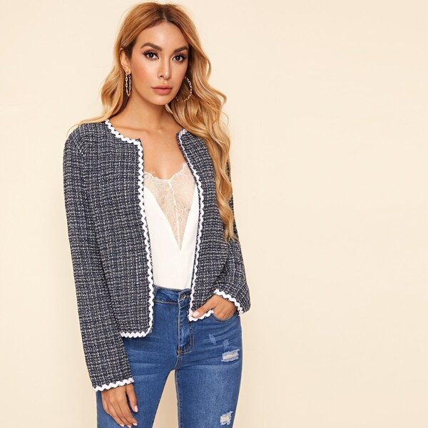 

Tweed Contrast Binding Open Front Jacket