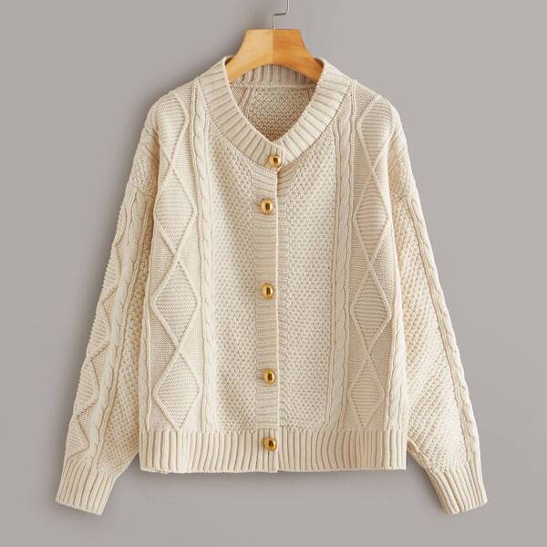 

Button Front Drop Shoulder Cable Knit Cardigan, Beige