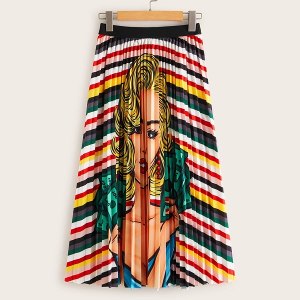 

Figure And Striped Print Pleated Skirt