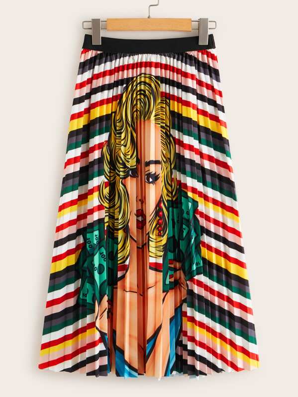 

Figure And Striped Print Pleated Skirt, Multicolor