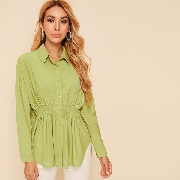 

Button Through Shirred Curved Hem Blouse