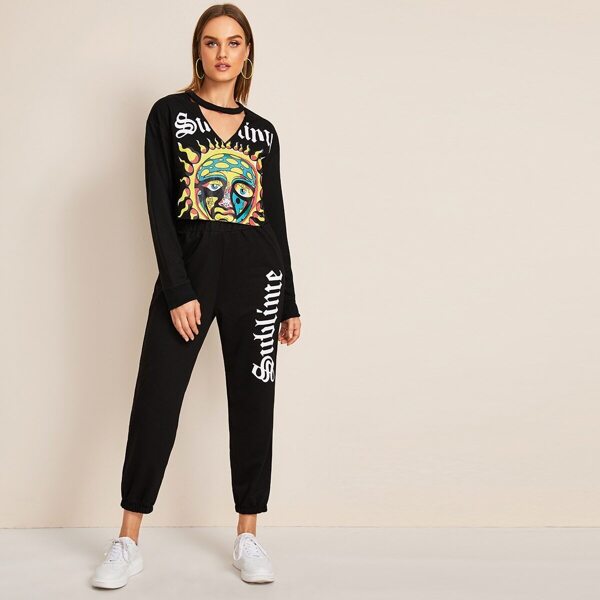 

Choker Neck Abstract Print Tee & Sweatpants