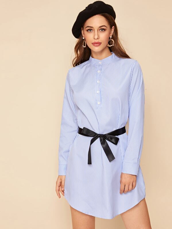

Striped Button Front Self Tie Shirt Dress, Blue, Sonya