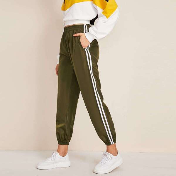 

Striped Side Pocket Windbreaker Carrot Pants, Army green