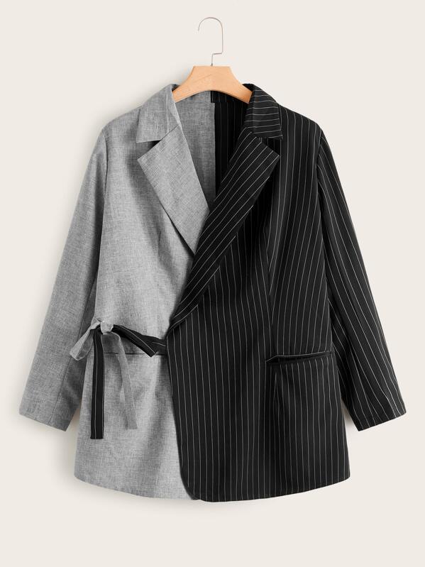 

Plus Two Tone Striped Tie Side Blazer, Multicolor