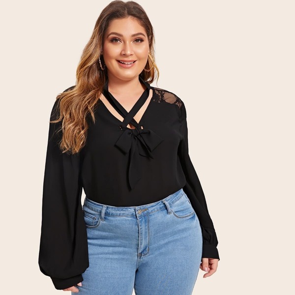 

Plus Lace Panel Criss Cross Tie Front Blouse