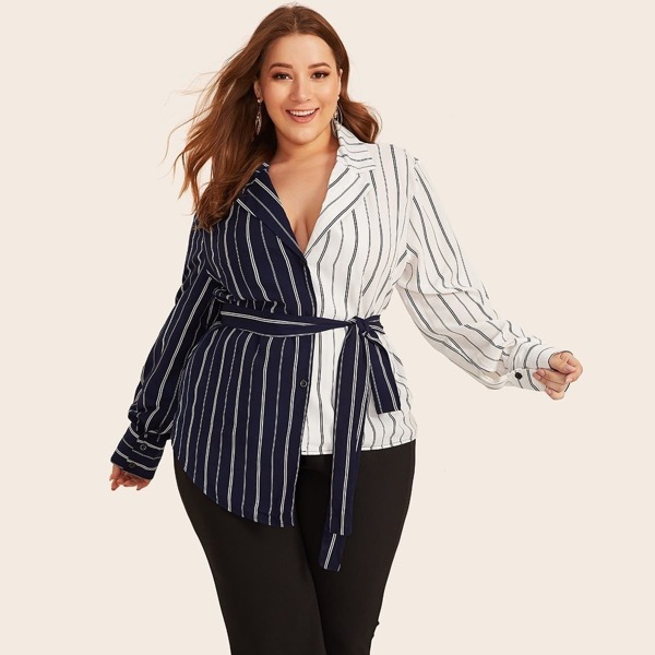 

Plus Two Tone Striped Curved Hem Belted Blouse, Multicolor