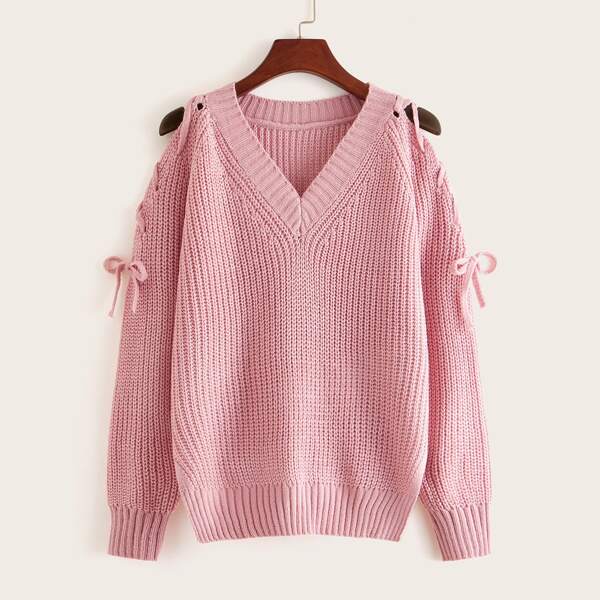 

V-neck Lace Up Sleeve Sweater, Pink