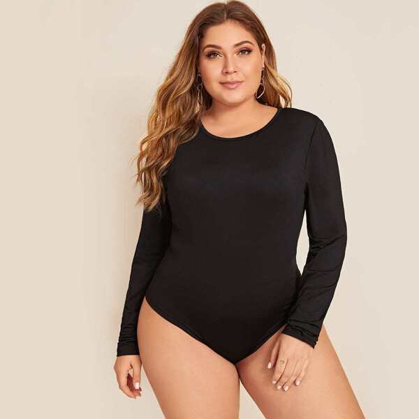 

Plus Solid Long Sleeve T-Shirt Bodysuit, Black