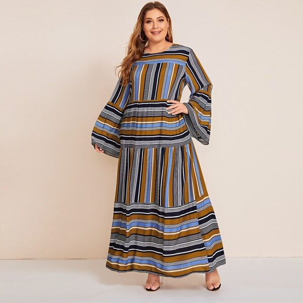 

Plus Block Stripe Ruffle Hem Maxi Dress, Multicolor