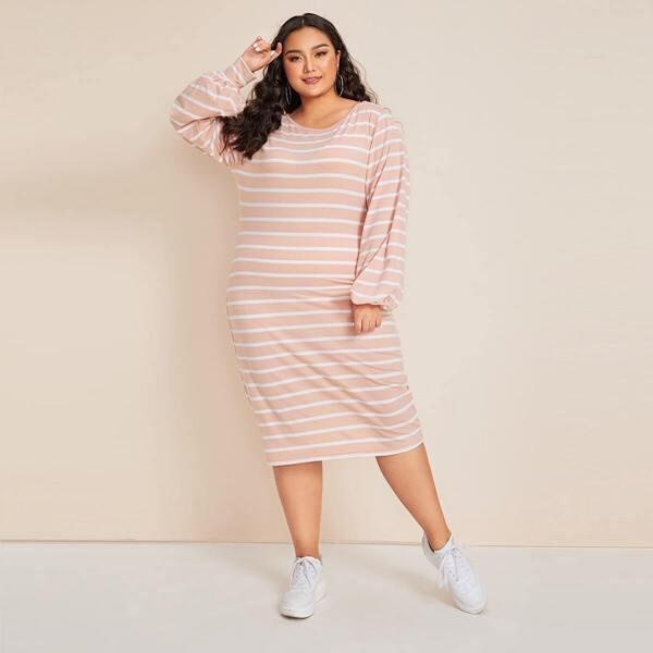 

Plus Striped Lantern Sleeve Dress, Pink