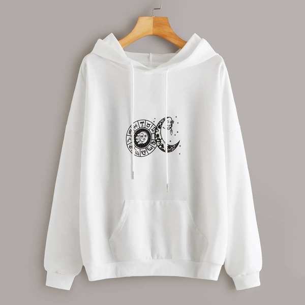 

Moon Print Kangaroo Pocket Drawstring Hoodie
