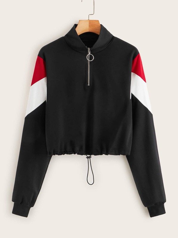 

O-ring Half Zip Contrast Panel Drawstring Sweatshirt, Black
