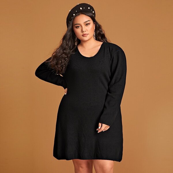 

Plus Solid V Neck Sweater Dress, Black