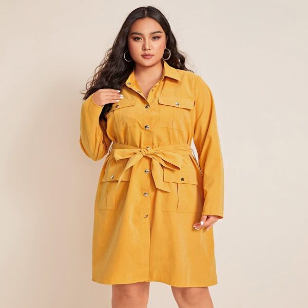 

Plus Pocket Front Belted Cargo Dress, Yellow